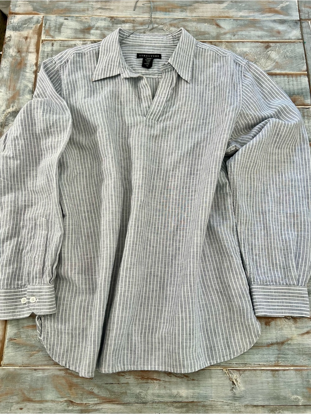 Structure Women’s Gray & White Striped Linen Blend Popover Blouse | Size Large